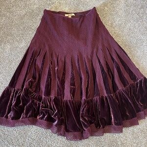 Free People Vintage Burgundy Tiered Velvet Lace Midi Skirt- Size 6 Boho